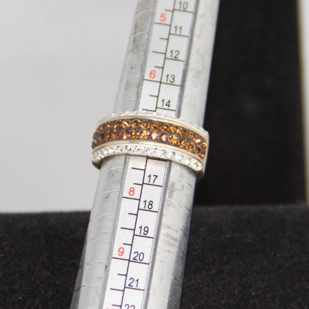 Sterling Silver Cognac and Clear Crystal Pavé Wide Band Ring Size 7